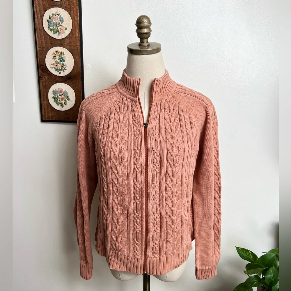Pendleton Peach Cotton Cable Knit Zip Up Cardigan Sweater